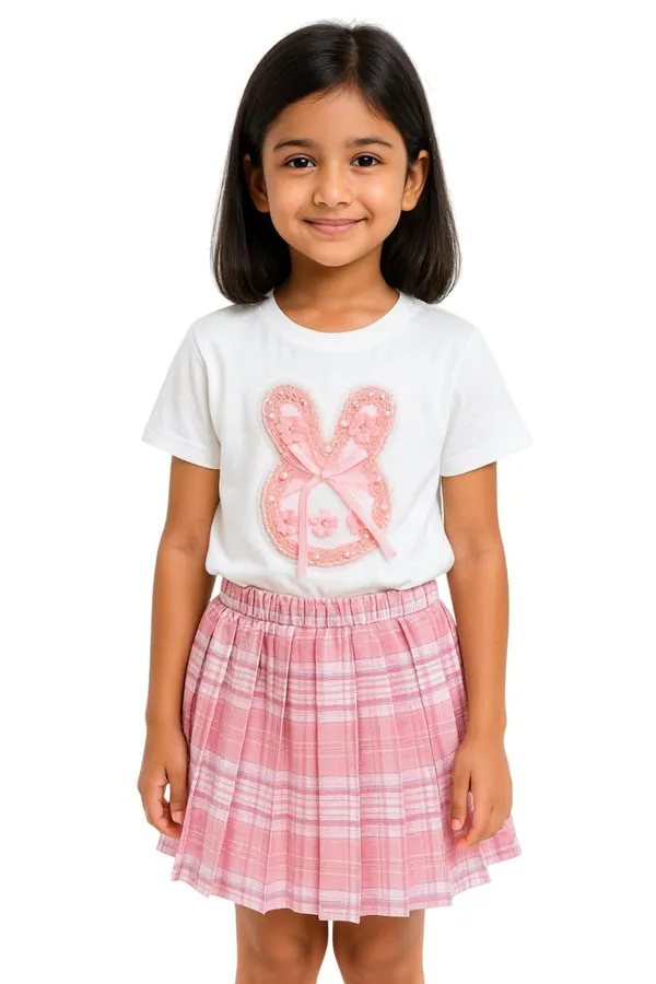White_Trendy_&_Comfortable_Bunny_Bow_Whirl_Skirt_And_T-Shirt_Set_For_Girls