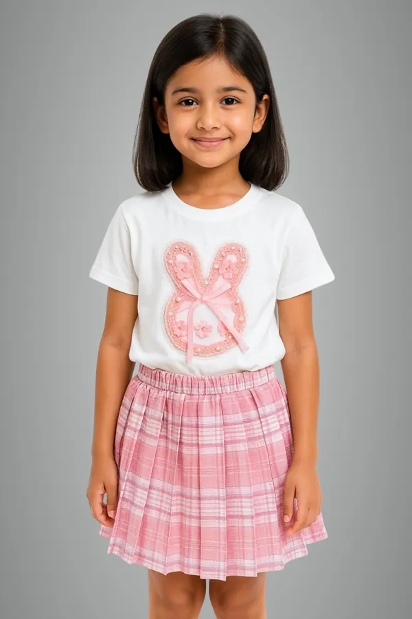 White_Trendy_&_Comfortable_Bunny_Bow_Whirl_Skirt_And_T-Shirt_Set_For_Girls