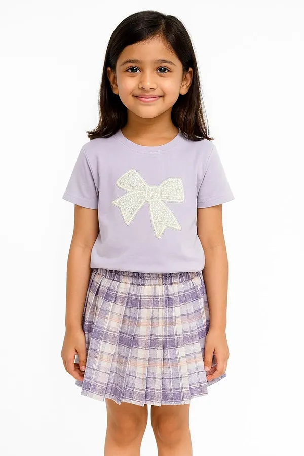 Lavender_Trendy_&_Comfortable_Pearl_Bow_Twirl_Skirt_And_T-Shirt_Set_For_Girls