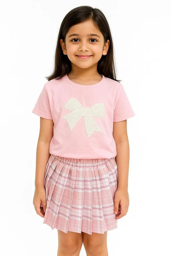 Pink_Trendy_&_Comfortable_Pearl_Bow_Twirl_Skirt_And_T-Shirt_Set_For_Girls