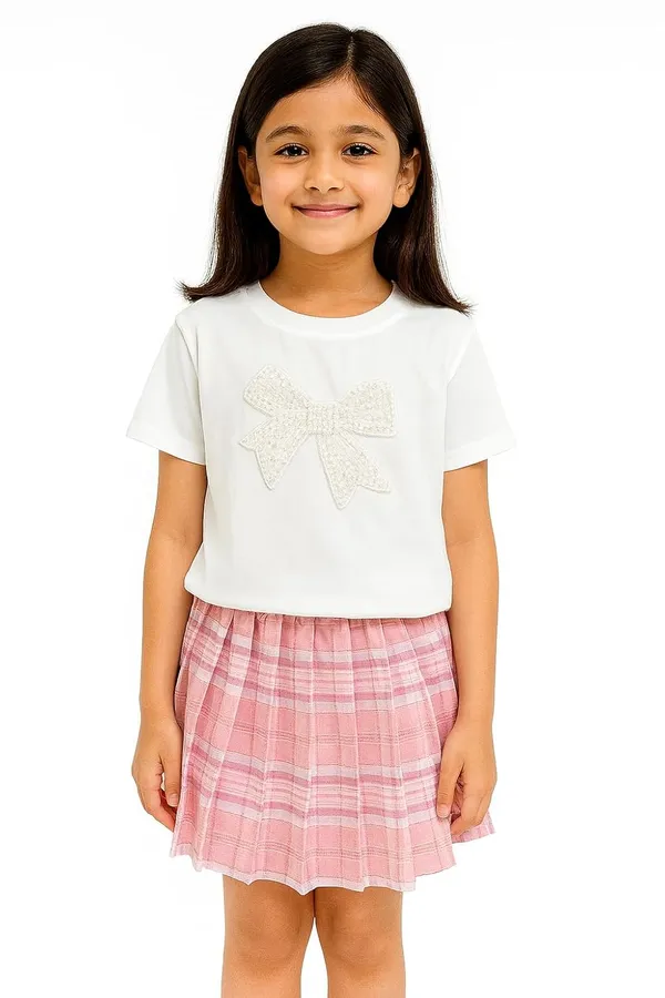 White_Trendy_&_Comfortable_Pearl_Bow_Twirl_Skirt_And_T-Shirt_Set_For_Girls