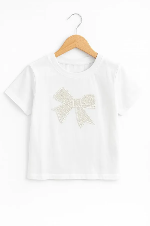 White_Trendy_&_Comfortable_Pearl_Bow_Twirl_Skirt_And_T-Shirt_Set_For_Girls