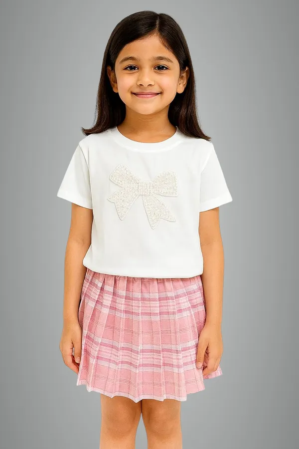 White_Trendy_&_Comfortable_Pearl_Bow_Twirl_Skirt_And_T-Shirt_Set_For_Girls