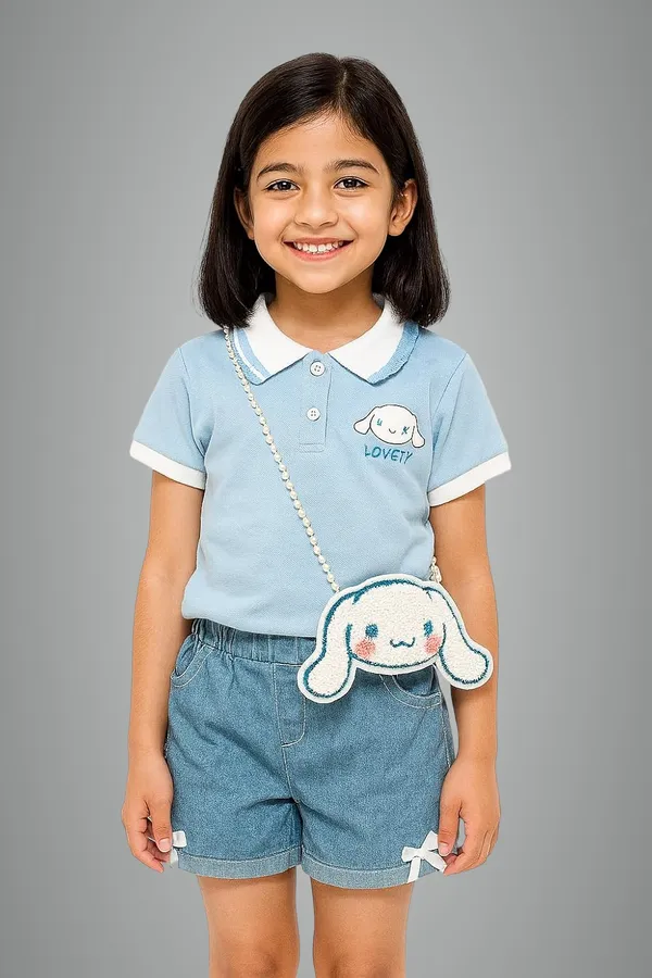 Blue_Trendy_&_Comfortable_Lovety_Character_Polo_Tee_&_Bow-Denim_Shorts_For_Girls