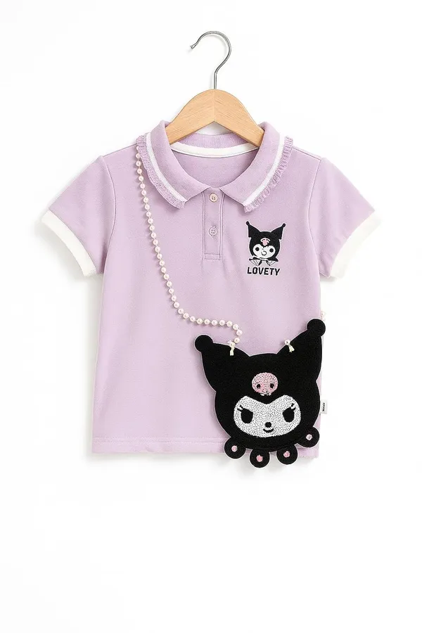 Lavender_Trendy_&_Comfortable_Lovety_Character_Polo_Tee_&_Bow-Denim_Shorts_For_Girls