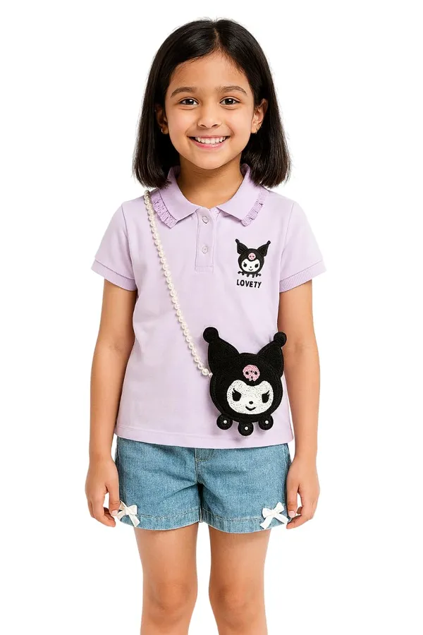 Lavender_Trendy_&_Comfortable_Lovety_Character_Polo_Tee_&_Bow-Denim_Shorts_For_Girls