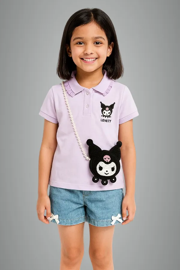 Lavender_Trendy_&_Comfortable_Lovety_Character_Polo_Tee_&_Bow-Denim_Shorts_For_Girls