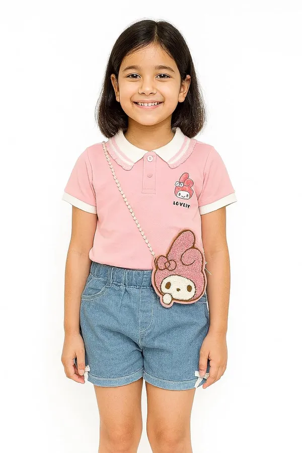 Pink_Trendy_&_Comfortable_Lovety_Character_Polo_Tee_&_Bow-Denim_Shorts_For_Girls