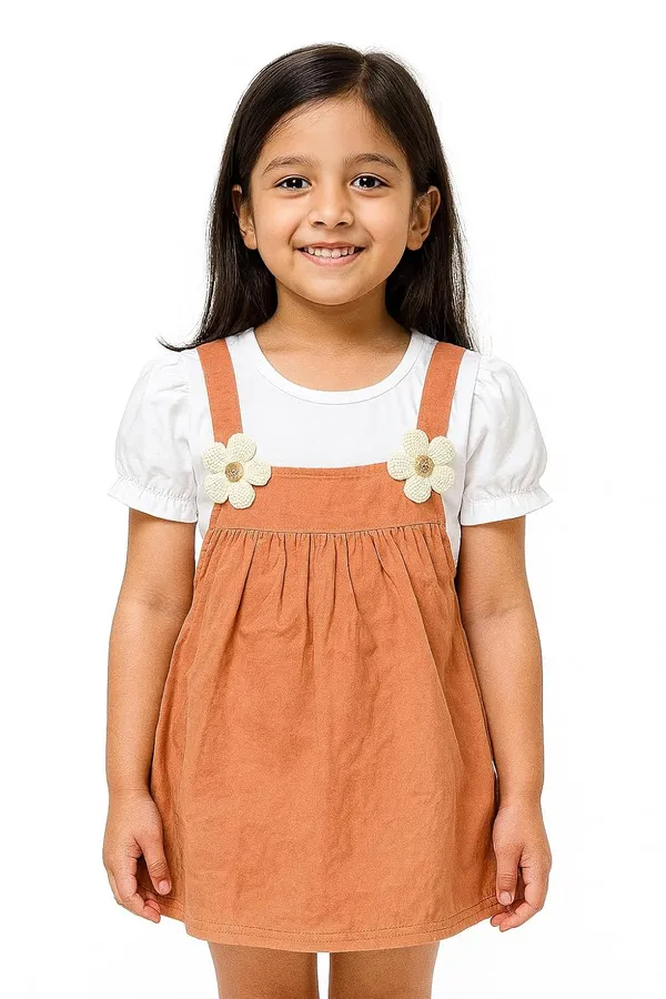 Brown_Trendy_&_Comfortable_Daisy-Strap_Pinafore_Dress_&_Puff-Sleeve_Tee_For_Girls