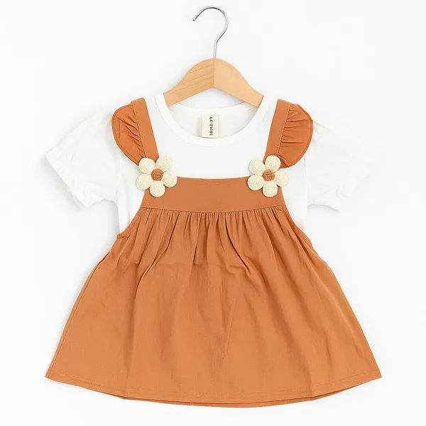 Brown_Trendy_&_Comfortable_Daisy-Strap_Pinafore_Dress_&_Puff-Sleeve_Tee_For_Girls