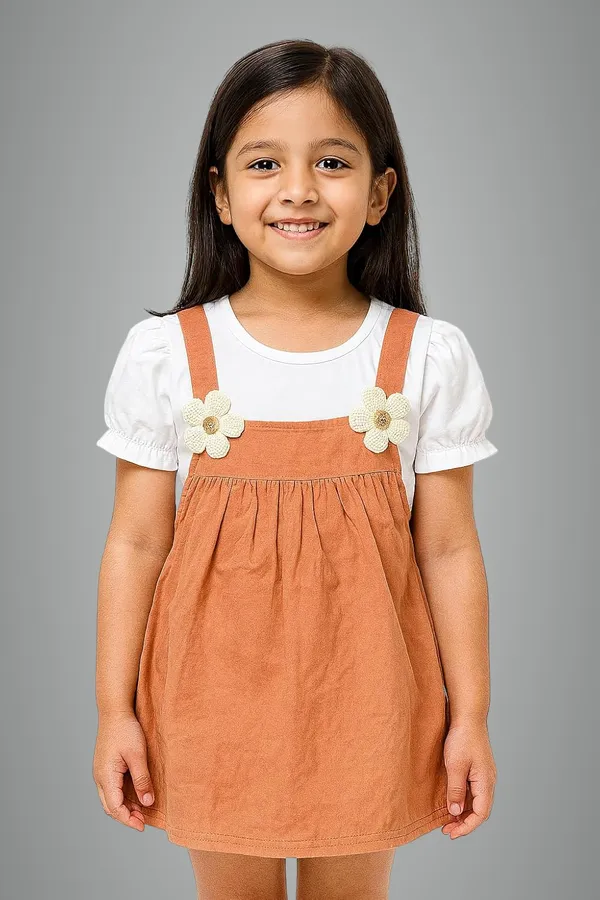 Brown_Trendy_&_Comfortable_Daisy-Strap_Pinafore_Dress_&_Puff-Sleeve_Tee_For_Girls