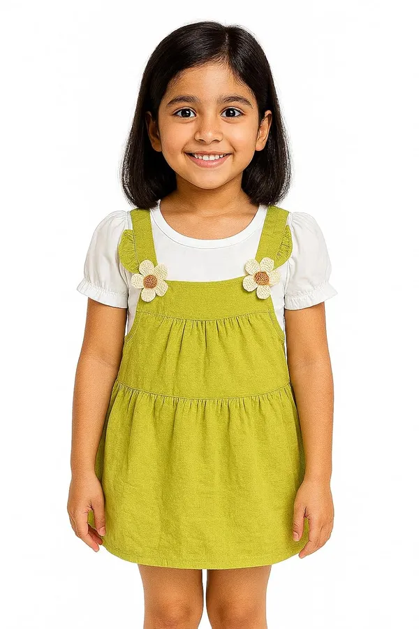 Green_Trendy_&_Comfortable_Daisy-Strap_Pinafore_Dress_&_Puff-Sleeve_Tee_For_Girls