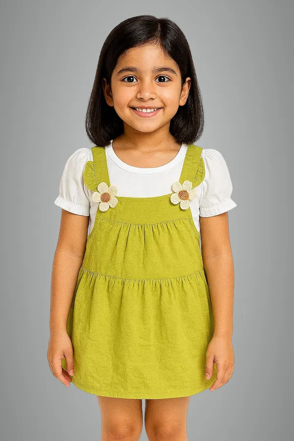 Green_Trendy_&_Comfortable_Daisy-Strap_Pinafore_Dress_&_Puff-Sleeve_Tee_For_Girls