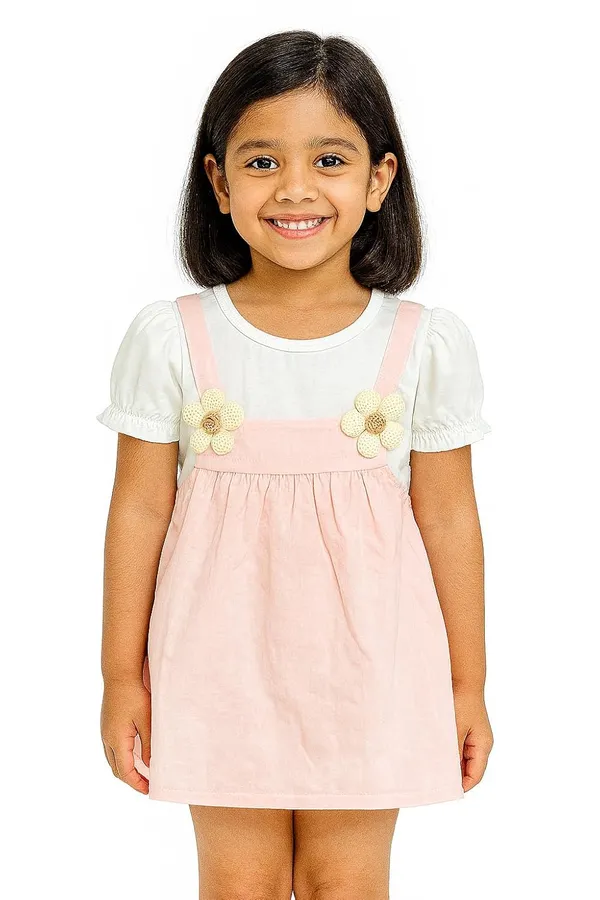 Pink_Trendy_&_Comfortable_Daisy-Strap_Pinafore_Dress_&_Puff-Sleeve_Tee_For_Girls