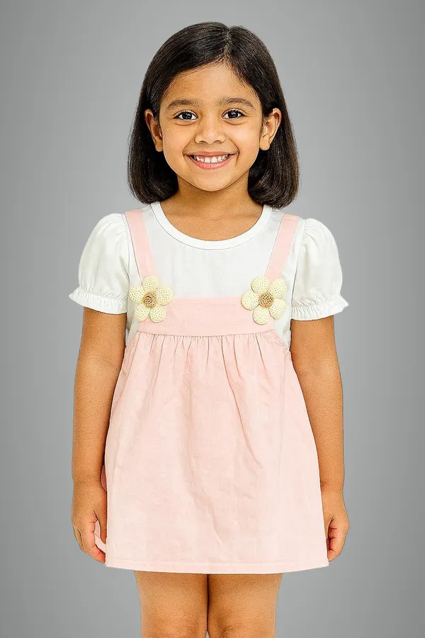 Pink_Trendy_&_Comfortable_Daisy-Strap_Pinafore_Dress_&_Puff-Sleeve_Tee_For_Girls