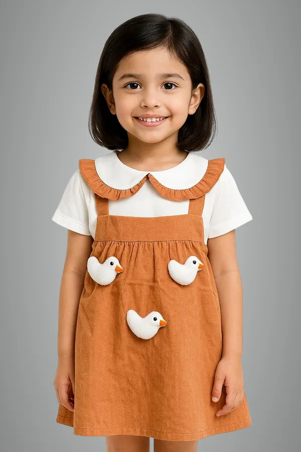 Brown_Trendy_&_Comfortable_Ducky-Applique_Pink_Pinafore_&_Peter-Pan_Tee_For_Girls