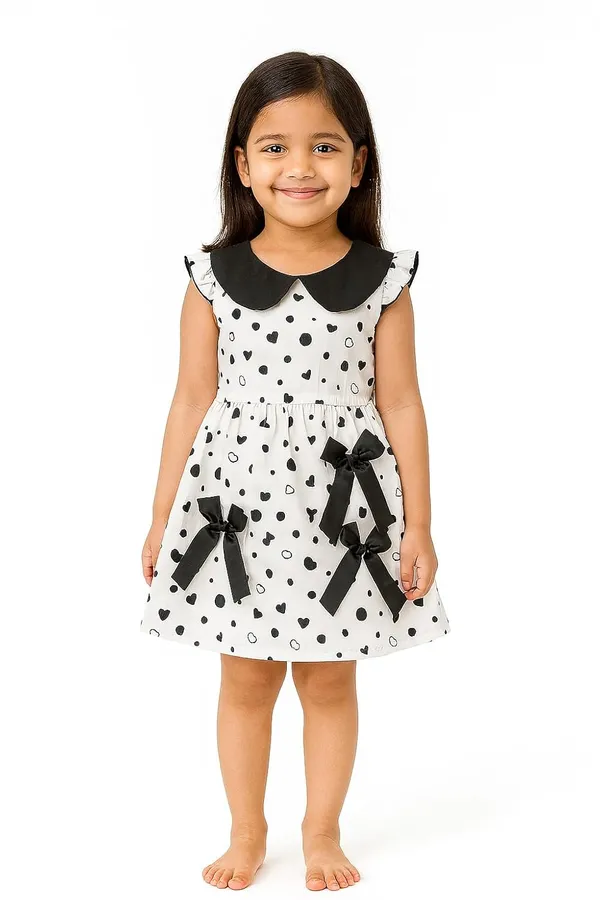 Black_Trendy_&_Comfortable_Bow-Dot_Heart-Print_Dress_With_Contrast_Collar_For_Girls
