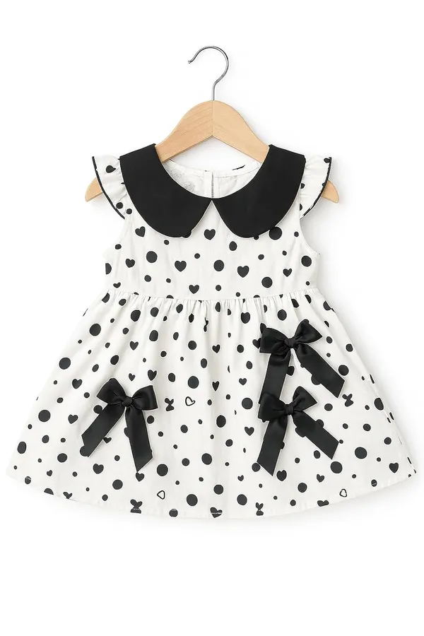 Black_Trendy_&_Comfortable_Bow-Dot_Heart-Print_Dress_With_Contrast_Collar_For_Girls