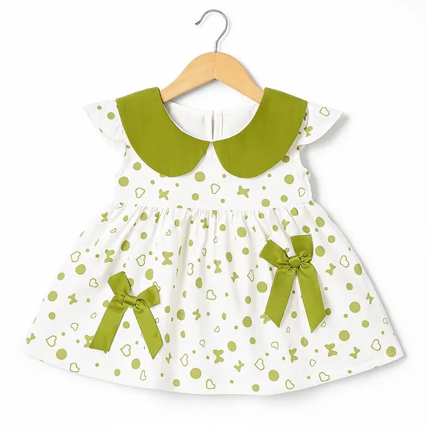 Green_Trendy_&_Comfortable_Bow-Dot_Heart-Print_Dress_With_Contrast_Collar_For_Girls