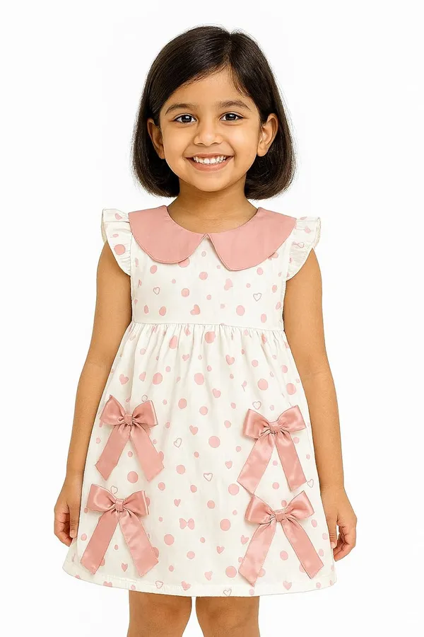 Pink_Trendy_&_Comfortable_Bow-Dot_Heart-Print_Dress_With_Contrast_Collar_For_Girls