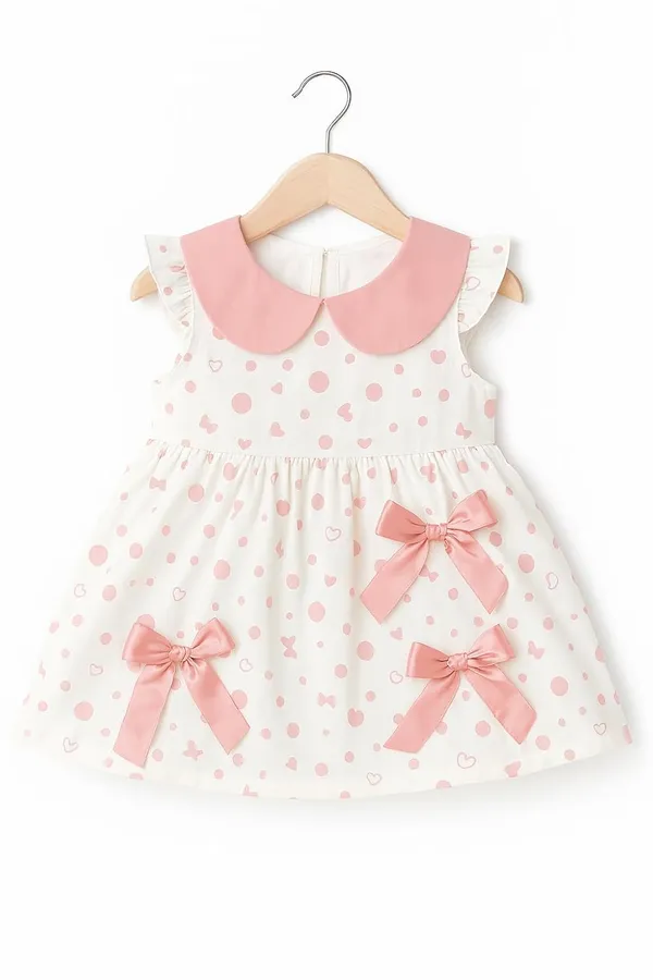 Pink_Trendy_&_Comfortable_Bow-Dot_Heart-Print_Dress_With_Contrast_Collar_For_Girls