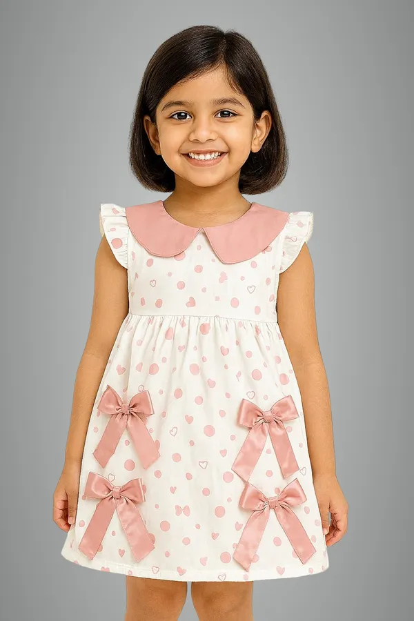 Pink_Trendy_&_Comfortable_Bow-Dot_Heart-Print_Dress_With_Contrast_Collar_For_Girls