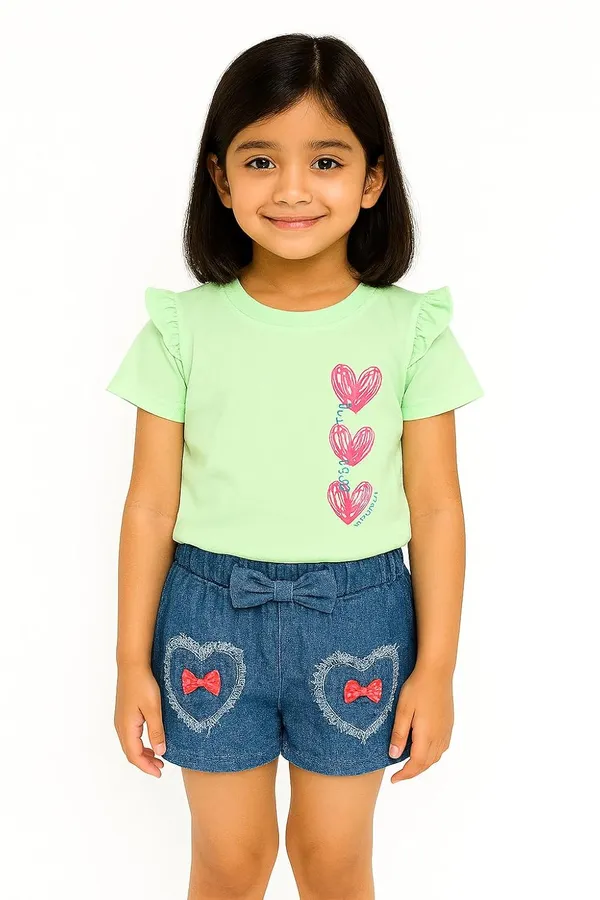 Green_Trendy_&_Comfortable_Love-Stack_Ruffle-Sleeve_Tee_&_Heart-Pocket_Denim_Shorts_For_Girls