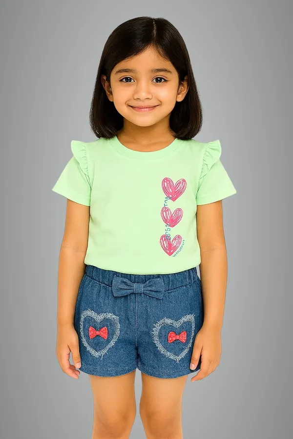 Green_Trendy_&_Comfortable_Love-Stack_Ruffle-Sleeve_Tee_&_Heart-Pocket_Denim_Shorts_For_Girls