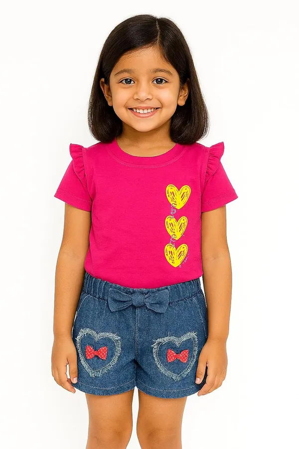 Magenta_Trendy_&_Comfortable_Love-Stack_Ruffle-Sleeve_Tee_&_Heart-Pocket_Denim_Shorts_For_Girls