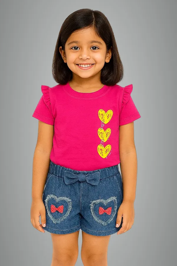 Magenta_Trendy_&_Comfortable_Love-Stack_Ruffle-Sleeve_Tee_&_Heart-Pocket_Denim_Shorts_For_Girls