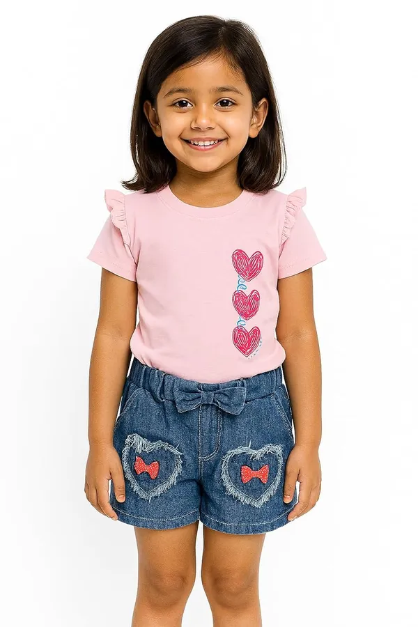 Pink_Trendy_&_Comfortable_Love-Stack_Ruffle-Sleeve_Tee_&_Heart-Pocket_Denim_Shorts_For_Girls