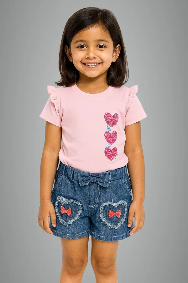 Pink_Trendy_&_Comfortable_Love-Stack_Ruffle-Sleeve_Tee_&_Heart-Pocket_Denim_Shorts_For_Girls