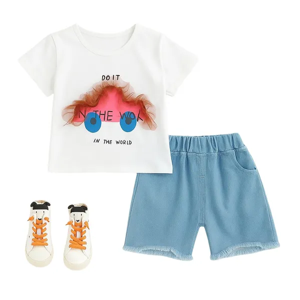 White_Trendy_&_Comfortable_Car_Denim_Short_Set_For_Baby_Girls