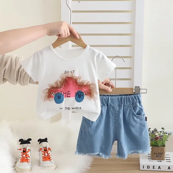 White_Trendy_&_Comfortable_Car_Denim_Short_Set_For_Baby_Girls