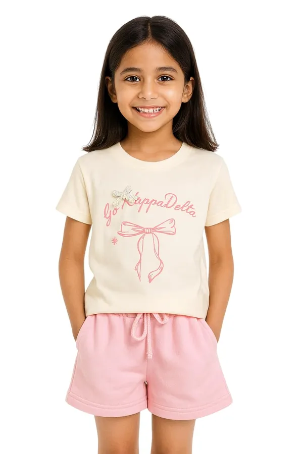 White_Trendy_&_Comfortable_Pastel-Bow_Graphic_Tee_&_Peach_Drawstring_Shorts_For_Girls