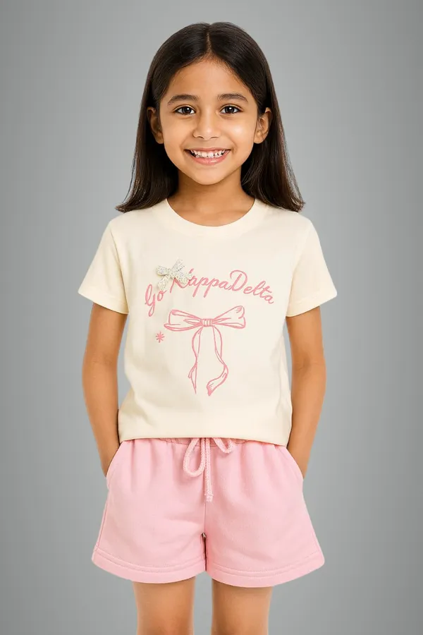 White_Trendy_&_Comfortable_Pastel-Bow_Graphic_Tee_&_Peach_Drawstring_Shorts_For_Girls