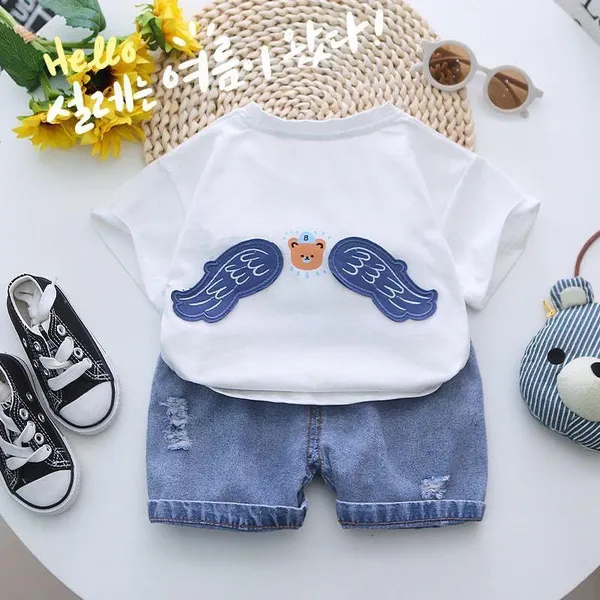 White_Trendy_&_Comfortable_Angel_Bear_Denim_Shorts_Set_For_Boys