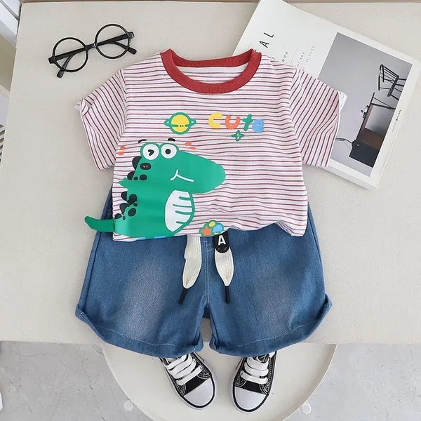 Red_Trendy_&_Comfortable_Dinosaur_Denim_Short_Set_For_Boys