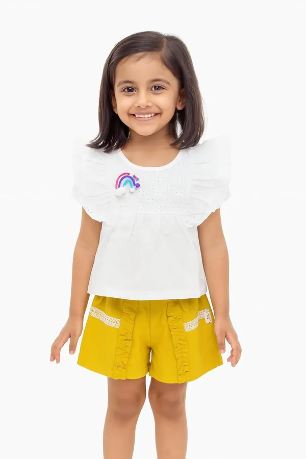 Yellow_Trendy_&_Comfortable_Rainbow_Top_&_Ruffle_Shorts_Set_For_Girls