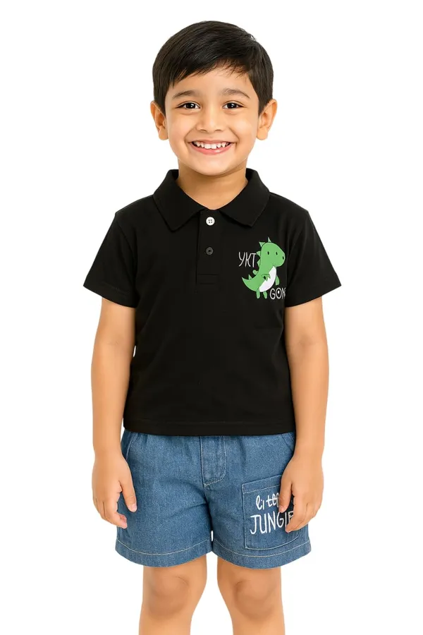 Black_Trendy_&_Comfortable_Jurassic_Polo_Dino_Top_&_Jungle_Shorts_Set_For_Boys