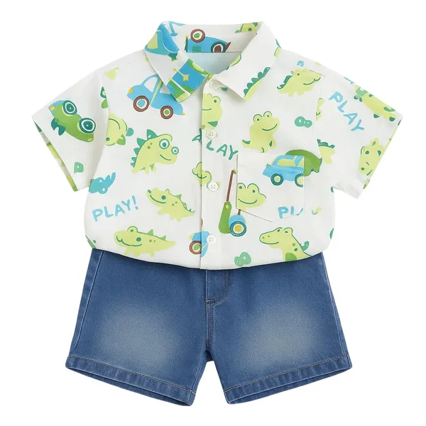 White_Trendy_&_Comfortable_Dinosaur_Denim_Short_Set_For_Boys
