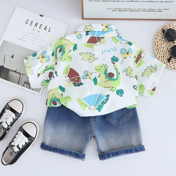White_Trendy_&_Comfortable_Dinosaur_Denim_Short_Set_For_Boys