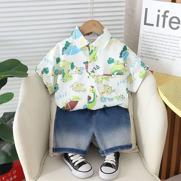 White_Trendy_&_Comfortable_Dinosaur_Denim_Short_Set_For_Boys