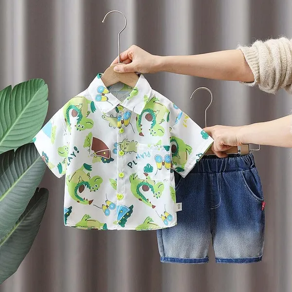 White_Trendy_&_Comfortable_Dinosaur_Denim_Short_Set_For_Boys