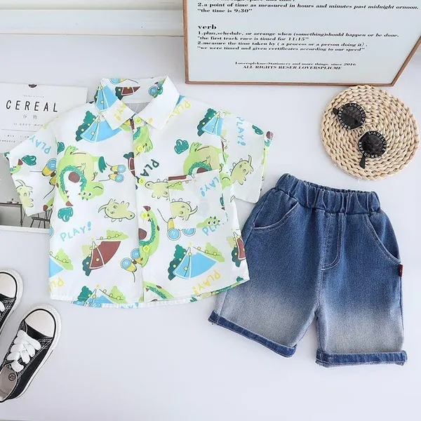 White_Trendy_&_Comfortable_Dinosaur_Denim_Short_Set_For_Boys