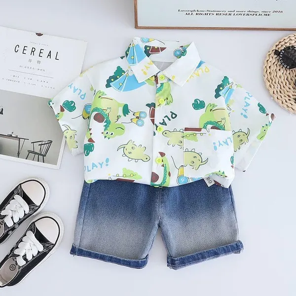 White_Trendy_&_Comfortable_Dinosaur_Denim_Short_Set_For_Boys