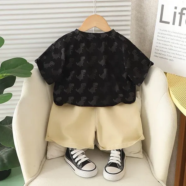Black_&_Brown_Cute_Dinosaur_Print_Cotton_T-Shirt_&_Shorts_Set_For_Baby_Boys
