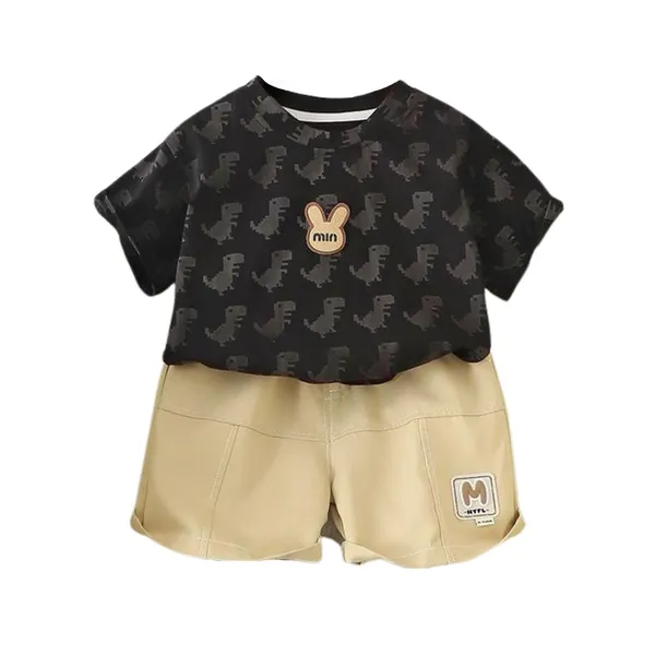 Black_&_Brown_Cute_Dinosaur_Print_Cotton_T-Shirt_&_Shorts_Set_For_Baby_Boys