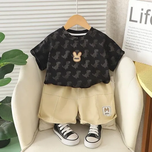 Black_&_Brown_Cute_Dinosaur_Print_Cotton_T-Shirt_&_Shorts_Set_For_Baby_Boys