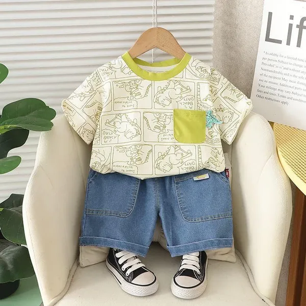 Green_Trendy_&_Comfortable_Dinosaur_Denim_Short_Set_For_Boys